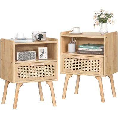 Lelelinky Nachttisch 2er Set Rattan Boho, Kleiner Beistelltisch Holz mit