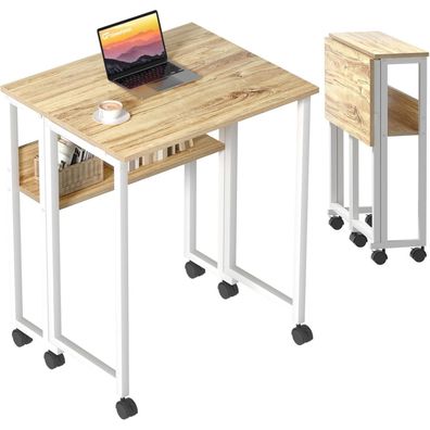 GreenForest Klappschreibtisch 80 cm mit Rollen und Stauraum, Beige