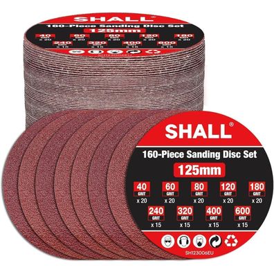 SHALL 160 Stück 125mm Schleifscheiben (Klettverschluss, 9 Typen, gemischte