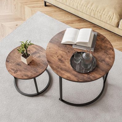 Hojinlinero Runder Couchtisch 2er-Set Braun, Metallrahmen mit Holz, stapelbar