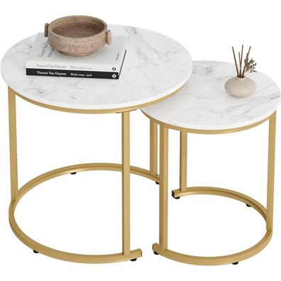 Heyzoey Couchtisch Rund im 2er Set, Wohnzimmertisch mit Marmor-Optik und