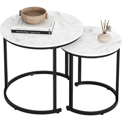Heyzoey Couchtisch Rund im 2er Set, Schwarz mit Marmor-Optik und goldenen Beinen