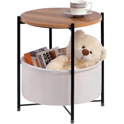 HollyHOME Beistelltisch mit Korb, Rund, Holz, Beige - Ideal für Wohnzimmer
