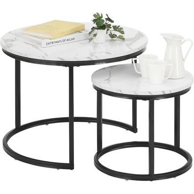Soayone Couchtisch Rund 2er Set in Marmor Optik Weiß & Schwarz mit Metallgestell
