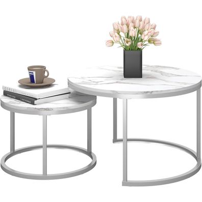 Soayone Marmor Couchtisch Rund Weiß, 2er Set, 70x70x45 & 50x50x35 cm, Silber