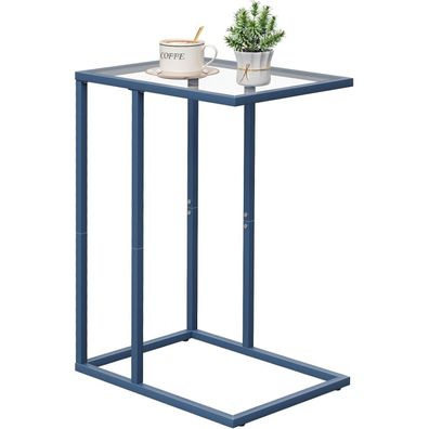 Huhote C-Form Beistelltisch aus Glas, Couchtisch, Nachttisch, Laptop Tisch, Blau