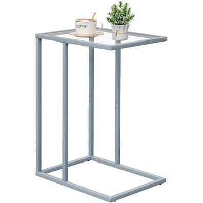 Huhote C-Form Beistelltisch aus Glas, Grau - Moderner Couchtisch für Sofa und