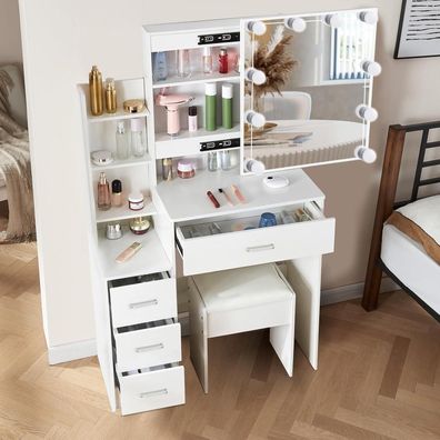Ereousa Schminktisch mit LED-Beleuchtung, Schiebespiegel und Hocker, Weiß