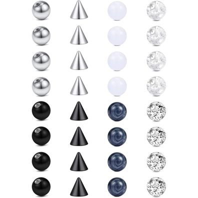 Rajnard 32 Stück Ersatzkugeln für Piercingschmuck 14G/16G, 3-8mm, Silber/Schwarz