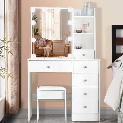 Saimeihome Schminktisch mit Beleuchtung und Hocker, Frisiertisch mit 6
