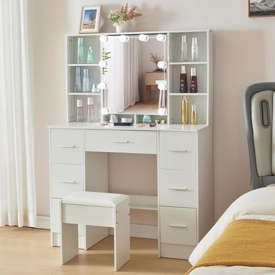 Saimeihome Schminktisch mit Spiegel, Hocker und dimmbarer Beleuchtung, 7