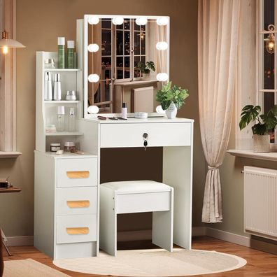 Saimeihome Schminktisch mit Spiegel, Hocker und einstellbarer LED-Beleuchtung