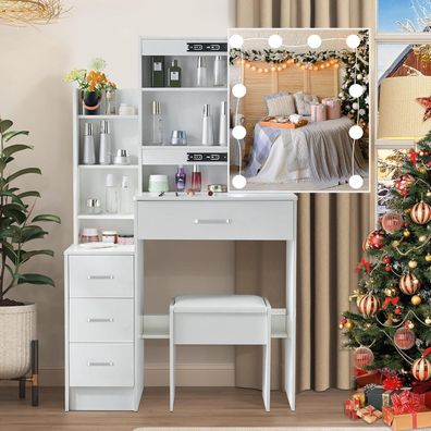Saimeihome Schminktisch mit Spiegel, Hocker und Beleuchtung, 3 Farbmodi, 4