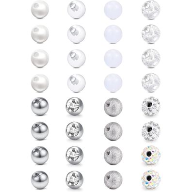 Rajnard Piercing Kugeln 14G 16G Ersatzkugeln für Schmuck, 32 Stück, Silberton