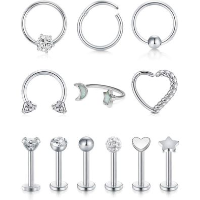 Rajnard 12er Set Tragus Helix Piercing Chirurgenstahl Knorpel Ohrpiercing 16G