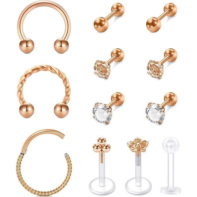 Rajnard 12er Set Rosegold Tragus Helix Piercing Chirurgenstahl 16G CZ Barbell