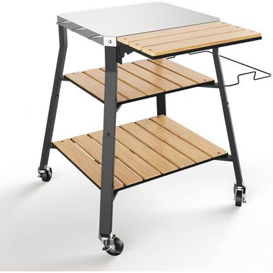 GFTIME Universal Tragbarer Grillwagen aus Edelstahl mit WPC-Ablagen und 360°