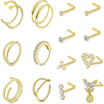 Rajnard 316L Chirurgenstahl Nasenringe & Stecker Set, 20G, 7mm/8mm, Silber/Gold