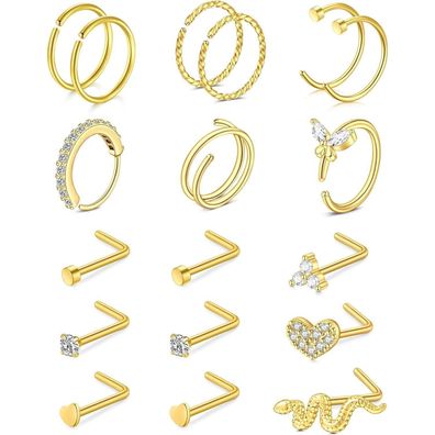 Rajnard 316L Chirurgenstahl Nasenpiercing Set 20G 8mm 7mm Silber/Gold L-Form
