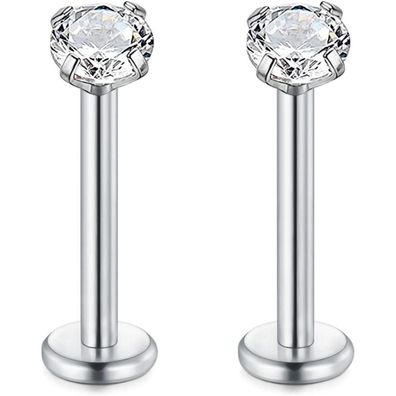 Rajnard 2er Set 16G Chirurgenstahl Lippenpiercing Labret mit Zirkon, Silber