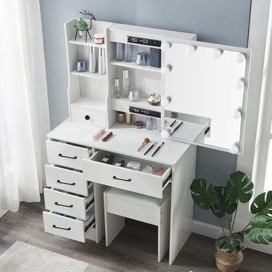 Buildonely Schminktisch mit LED Beleuchtung und Hocker, Frisiertisch mit