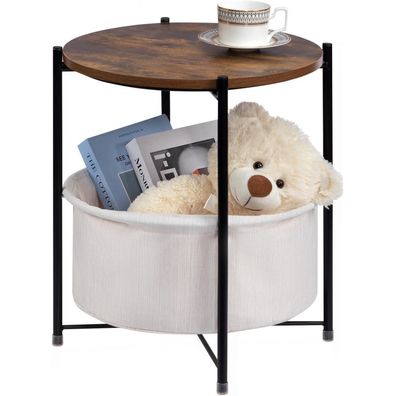 HollyHOME Kleiner Beistelltisch mit Korb, rund, Holz, Nachttisch für Wohnzimmer