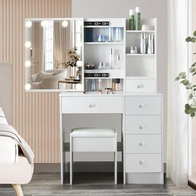 Buildonely Schminktisch mit Beleuchtung und Hocker, Kosmetiktisch mit Spiegel