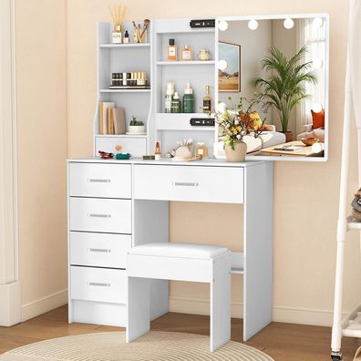 Ereousa Schminktisch mit Beleuchtung, Schiebespiegel und viel Stauraum, Weiß