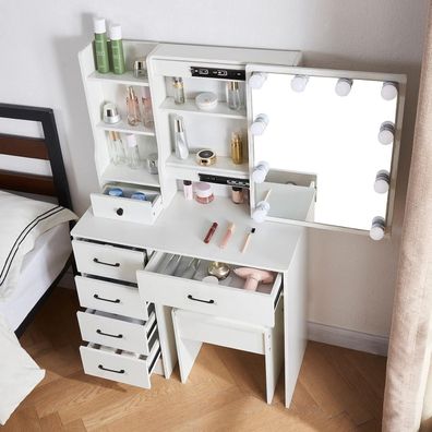 Buildonely Schminktisch mit Hocker und Spiegel, Frisiertisch mit LED