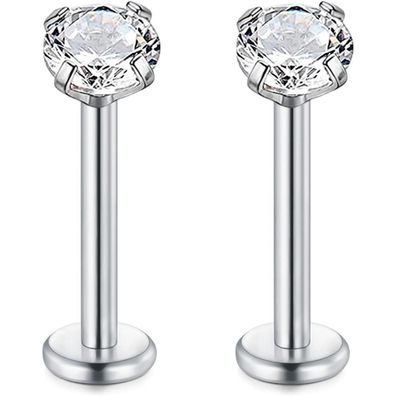 Rajnard 2er Set 16G Chirurgenstahl Lippenpiercing Labret mit Zirkon, Silber