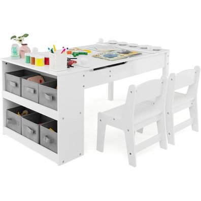 Dreamade 3-in-1 Kindertisch mit 2 Stühlen, kippbarer Tischplatte, 6 Stoffboxen