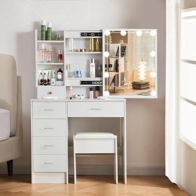 Buildonely Schminktisch mit LED-Beleuchtung, Spiegel und Hocker, 6 Schubladen