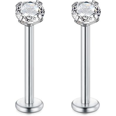 Rajnard 2er Set 16G Chirurgenstahl Lippenpiercing Labret mit Zirkon, Silber