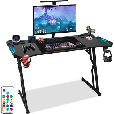 ISOISL Gaming Schreibtisch 140x60cm mit RGB LED, Getränkehalter und