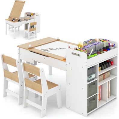 Dreamade 3-in-1 Kindertisch mit 2 Stühlen aus Holz, kippbare Tischplatte