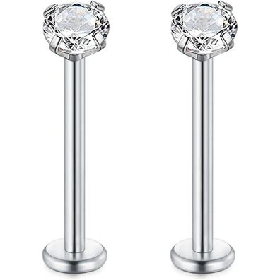 Rajnard 2er Set 16G Chirurgenstahl Lippenpiercing Labret mit Zirkon, Silber