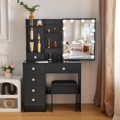 Buildonely Schminktisch mit Beleuchtung, Hocker und Spiegel, Kosmetiktisch mit