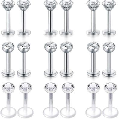 Rajnard 18er Set Tragus Helix Lippenpiercing Stecker aus Edelstahl & Bioflex