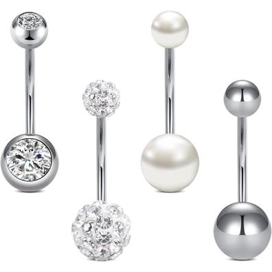 Rajnard Bauchnabelpiercing Set 4 Stück 14G Chirurgenstahl mit CZ Perle Diamant