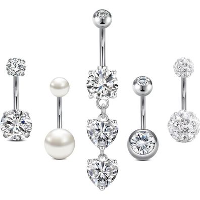AceFun Bauchnabelpiercing 14G Chirurgenstahl Edelstahl, 5er Set mit CZ Perle