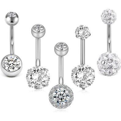 Crdifu 5er Set Bauchnabelpiercing Barbell 14G aus 316L Chirurgenstahl - Silber