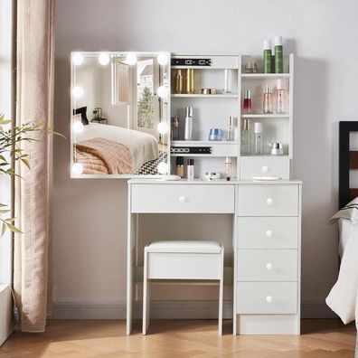 Buildonely Schminktisch mit LED Beleuchtung, Spiegel und Hocker, 3