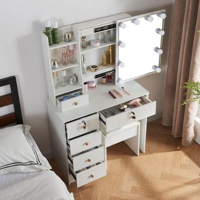 Buildonely Schminktisch mit Beleuchtung und Hocker, moderner Frisiertisch mit