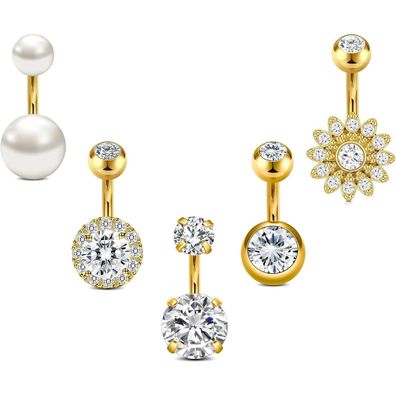 Crdifu 5er Set Bauchnabelpiercing 14G 6mm Silber Gold, 316L Edelstahl, Blume