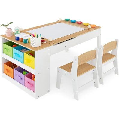 Dreamade 3-in-1 Kindertisch mit 2 Stühlen aus Holz, kippbarer Tischplatte und 6
