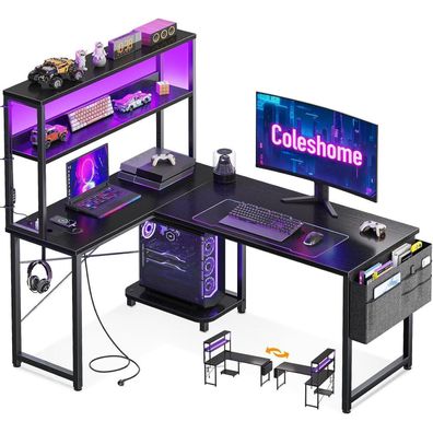 Coleshome L-Form Gaming Tisch mit LED & Steckdosen, 110x80 cm, Reversibel