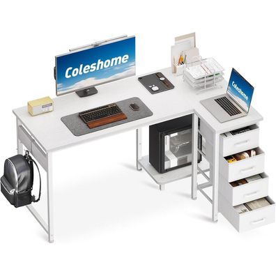 Coleshome Eckschreibtisch L-Form 120x70cm, Weiß, 4 Schubladen, Umkehrbar