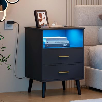LVSOMT Nachttisch mit Geheimfach, LED, kabelloser Ladestation, USB/Type-C, 3