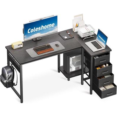 Coleshome Eckschreibtisch L-Form 120x70cm mit 4 Schubladen, umkehrbar, Schwarz