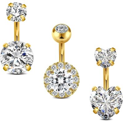 Crdifu 3er Set Bauchnabelpiercing 14G 6mm Silber/Gold, 316L Edelstahl, Herz